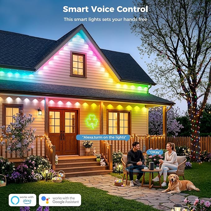 CDN House's Permanent Outdoor Lights, 100FT RGB+IC Outdoor Decor, 111 Scene Modes, 60 LED Lights with Smart APP & Remote Control, IP65 Waterproof, String Lights for Christmas Decorations
