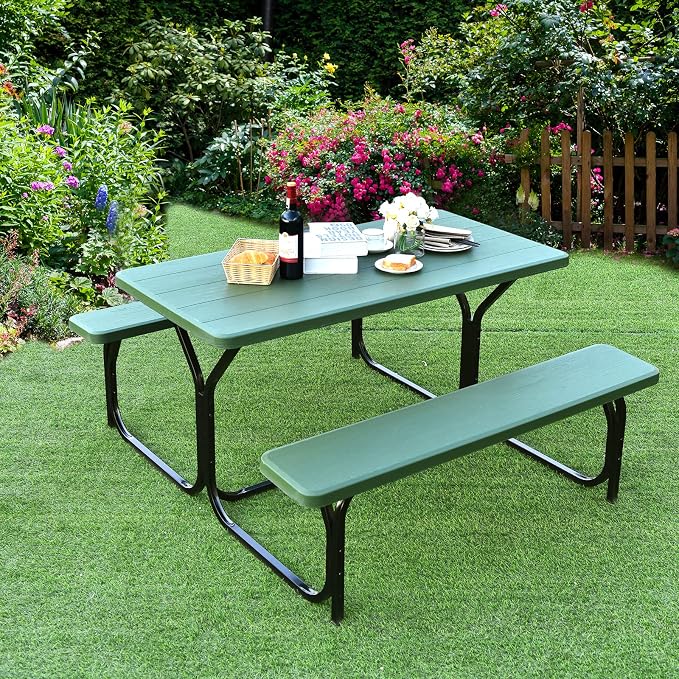 GYMAX Picnic Table, Picnic Bench Easy to Assemble w/All Weather Wood Grain Tabletop & Metal Frame, Picnic Tables for Outdoors Camping Backyard Deck Patio Poolside Dining Party