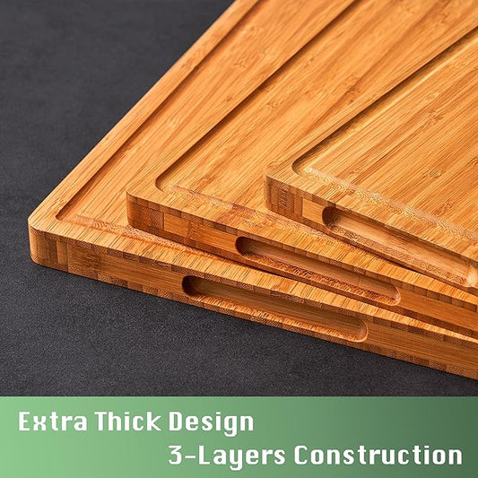 Allsum Carbonized Bamboo Wood Cutting Boards for Kitchen, 1” Thick Wooden Butcher with Juice Grooves and Handles, Cute Cheese Charcuterie Boards as a Gift for Chef, Family, 3 Pack