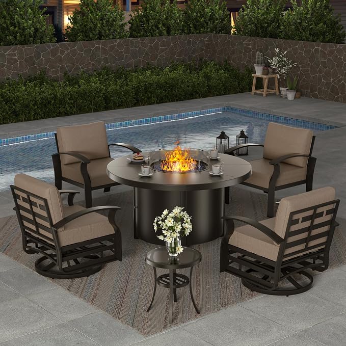 ALAULM Aluminum Patio Furniture Set with Coffee Table Rectangular, 5-seat Outdoor Sectional Furniture w/2 Swivel Chairs, Patio Conversation Set for Porch, Backyard, Sand
