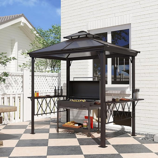 Portable Charcoal Grill Canopy – 8.9x4.9ft Outdoor BBQ Shelter with Vented Double-Tiered Roof & 6 Hooks, Aluminum Wind-Resistant Grill Cover for Backyard, Camping (Black/Coffee)