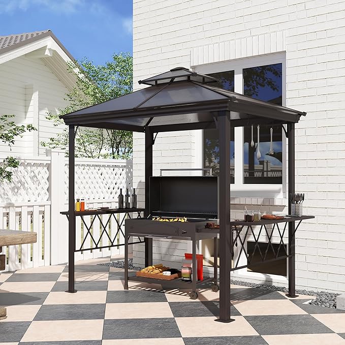 Portable Charcoal Grill Canopy – 8.9x4.9ft Outdoor BBQ Shelter with Vented Double-Tiered Roof & 6 Hooks, Aluminum Wind-Resistant Grill Cover for Backyard, Camping (Black/Coffee)