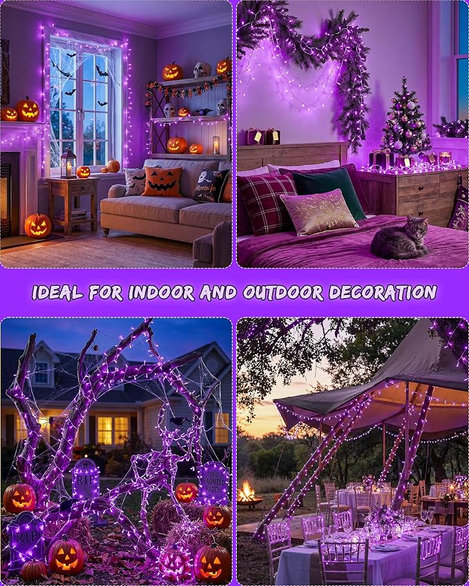 33FT 100 LED Purple Halloween Christmas Fairy Twinkle String Lights | Remote Control, 13 Modes with Memory, 4 Dimmable Brightness, 4 speed levels, Connectable, IP65 Waterproof, Transparent Wire