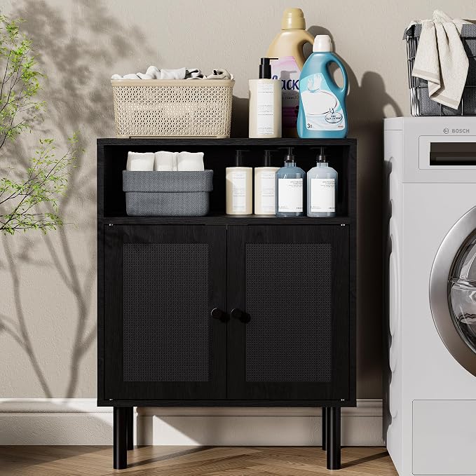 Rattan Storage Cabinet, Boho Accent Cabinet with Double Doors | Small Freestanding Sideboard for Hallway, Laundry Room,Kitchen, Dining Room, Entryway (Black)