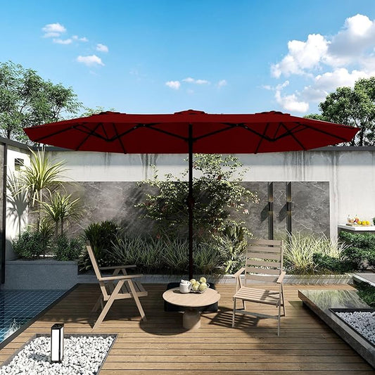 Kingdura 13ft Large Patio Umbrella with Base Included, Double-Sided Rectangle Outdoor Table Umbrella with 12 Reinforced Ribs, Crank Lift for Market Pool Deck Backyard, Dark red