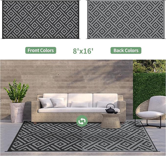 GENIMO Outdoor Rug, Waterproof Plastic Rugs 8'x16' for Camping Black Grey | Outside Larger Modern Carpet Mat for Patio Decor, RV, Porch, Camper, Deck, Picnic, Beach, Backyard, Reversible, Foldable