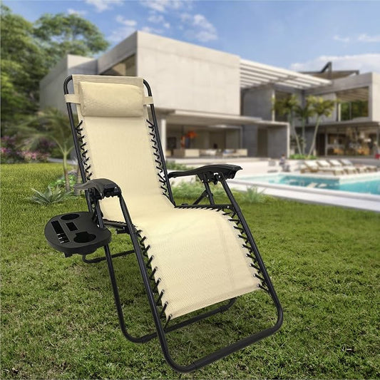 EasyGo Product Zero Gravity Lawn Lounge Pillow and Cup Holder Furniture Outdoor Adjustable Dining Reclining Folding Chairs for Deck Patio Beach Yard, 1 Pack TAN