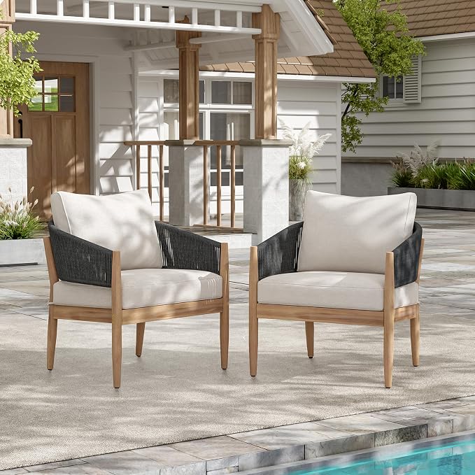 Christopher Knight Home Naomi Set of 2 Patio Acacia Wood Club Chair with Cushions, Handwoven Rope Lounge Chair Outdoor for Porch/Backyard, Stylish Garden Seating with Curved Backrest, Beige + Black