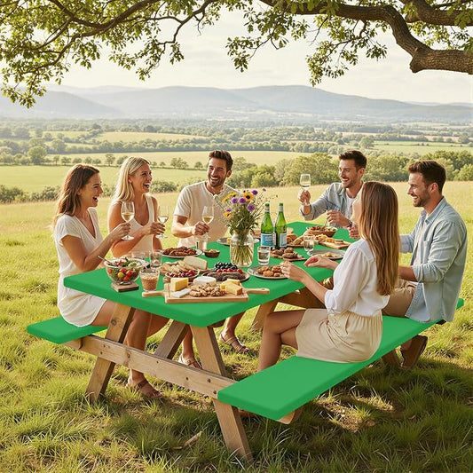 Smiry Picnic Table Cover with Bench Covers, Waterproof Elastic Fitted Polyester Tablecloths for 6 Ft Rectangle Tables, Washable Windproof Tablecloth for Camping, RV & Outdoor (Green, 30x72 Inches)