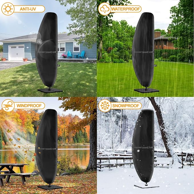Patio Umbrella Cover for 7'-11.5' Offset Umbrella, Upgraded 600D Heavy Duty Outdoor Umbrella Covers with Support Pole and Zipper