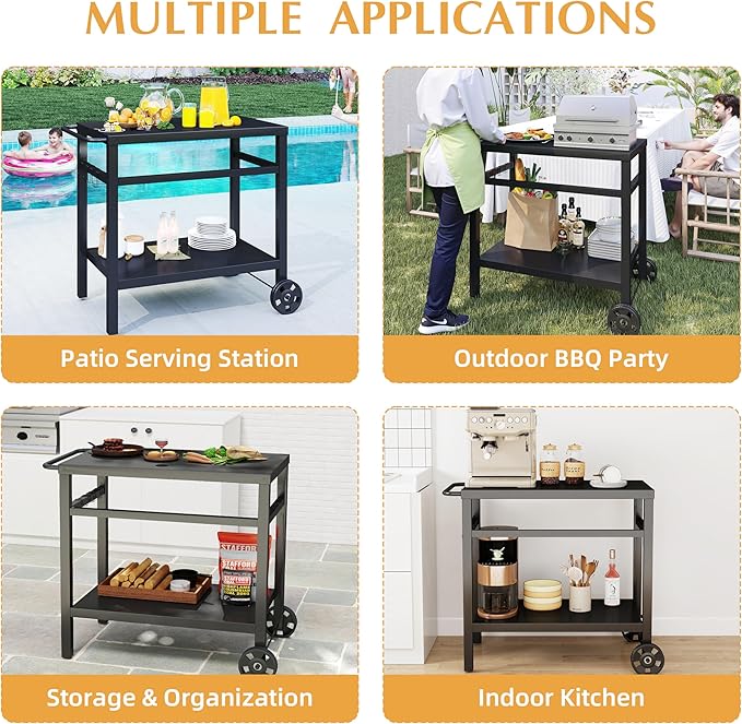 DDK 2-Tier Outdoor Grill Table, 34" Metal Top BBQ Prep Cart with Wheels & Hooks, 150 LBS Capacity Grill Cart for Patio Backyard Camping, Works as Griddle Stand & Potting Bench