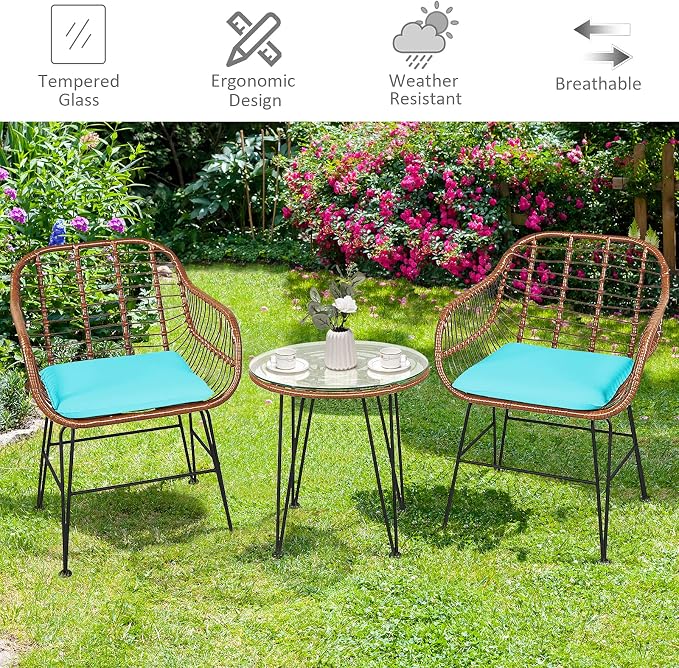 Tangkula 3 Pieces Patio Conversation Bistro Set, Outdoor Wicker Furniture w/Round Tempered Glass Top Table & 2 Rattan Armchairs, Bistro Chat Set w/Seat Cushions for Porch, Backyard, Garden