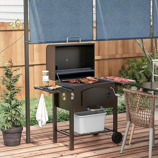 Charcoal BBQ Grill with Adjustable Height, Folding Side Shelves, Thermometer, Wheels & Storage Rack, Outdoor Barbecue Grill