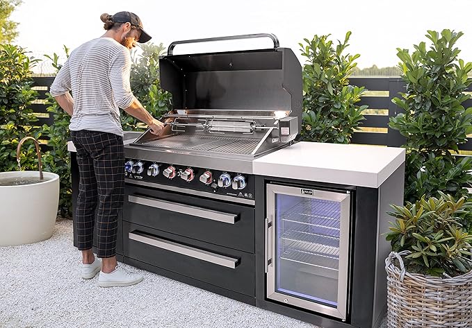 Mont Alpi Black Series Stainless Steel 94"W x 23"D Modular Outdoor Kitchen Island + Side Burner + Refrigerator + 44"W 6-Burner BBQ Gas Grill + White Granite Countertops + Storage Cabinets & Drawers