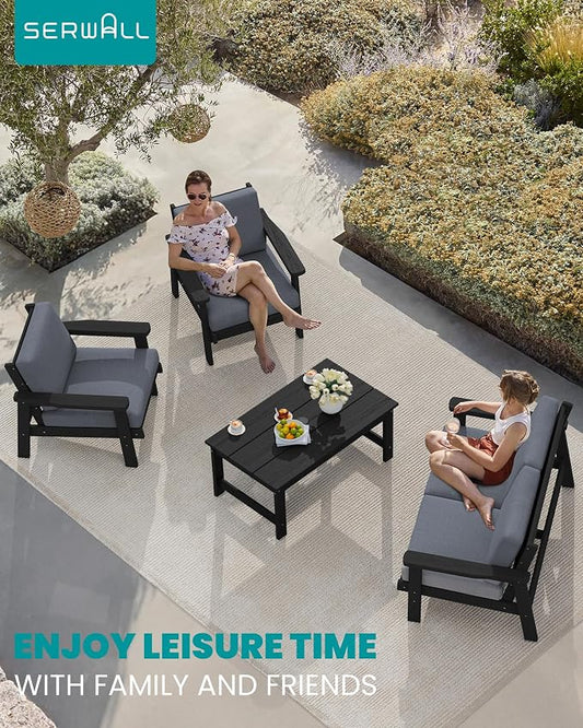 SERWALL HDPE Patio Furniture Set, 5 Piece All Weather Wood-Like Sectional Outdoor Furniture Set for Deck, Lawn, Black Patio Sofa Couch with Grey Cushions