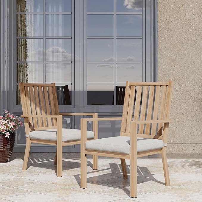 FansaFurn Patio Dining Chairs Set of 2, Aluminum Outdoor Patio Chairs with Waterproof Cushions, Metal Outdoor Patio Furniture Set for Porch, Balcony, Deck, Backyard, Light Wood Color