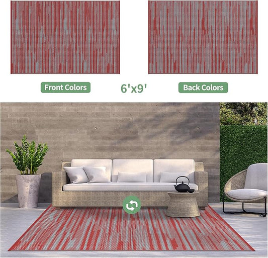 GENIMO Outdoor Rug, Waterproof Plastic Rugs for Patio, 6'x9' Crimson Grey | Outside Larger Modern Carpet Mat for Porch Decor, Deck, Balcony, Camping, RV, Backyard, Picnic, Beach, Reversible, Foldable