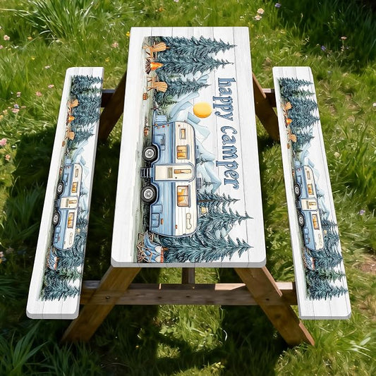 Picnic Table Cover with Bench Covers Elastic Edges, Outdoor Patio Camping Essentials 96 Inch 3PCS, Camper Fitted Table Cover, Waterproof Rectangle Tablecloth with Drawstring Bag,RV
