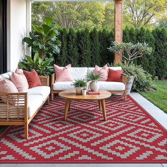 GENIMO Outdoor Rug, Waterproof Plastic Rugs for Patio, 6'x9' Red Grey | Outside Larger Modern Carpet Mat for Porch Decor, Deck, Balcony, Camping, RV, Backyard, Picnic, Beach, Reversible, Foldable
