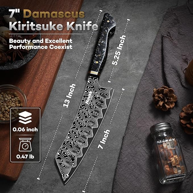 Huusk Damascus Japanese Chef Knife - Ultra Sharp Damascus VG-10 Kitchen Knife, Professional Santoku Knives with Ergonomic Resin Handle, Ideal Birthday Dad Mom Gift