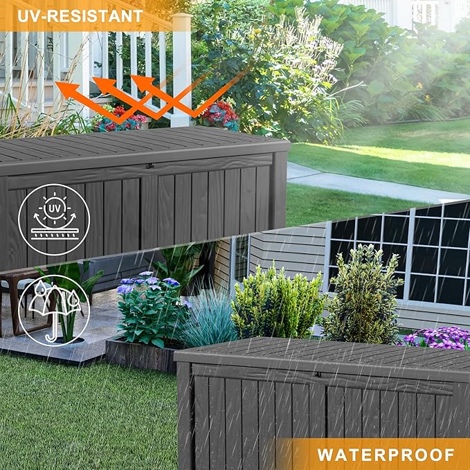 150 Gallon Outdoor Storage Box Waterproof, Resin Lockable Deck Box with Lid, Large Capacity Weatherproof Container for Patio Furniture Pool Accessories, Side Table(Black, 150 Gallon)