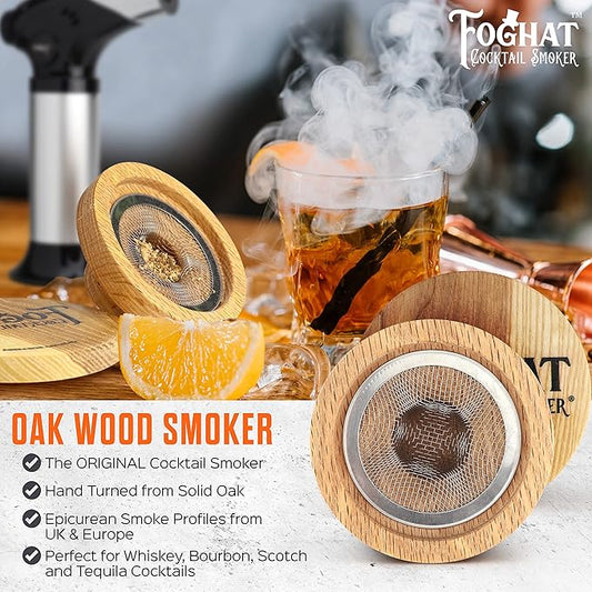 Foghat Cocktail Smoker Kit - Bourbon Barrel Oak Fuel Wood Shavings & Smoking Torch (No Butane) - Infuse Cocktails, Whiskey, Cheese & Meats