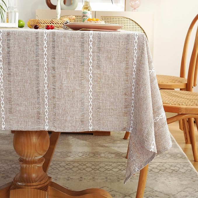 Chassic Rectangle Tablecloth 60 x 120 Inch, Farmhouse Boho Linen Table Cloths, Wrinkle Free & Washable Tablecloths for Dining Tables, Neutral Kitchen & Dining Decor – Hemstitch Light Coffee
