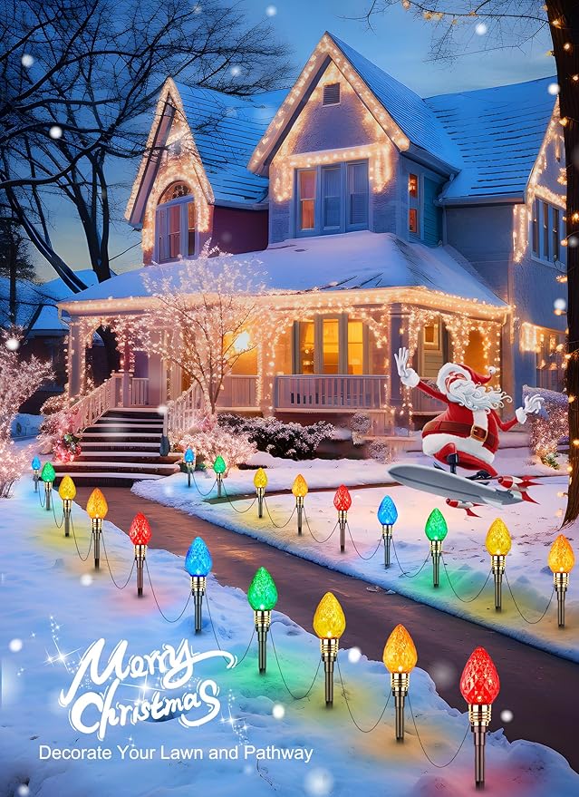 Brightown 4 Pack Strawberry C9 Christmas Pathway Lights Outdoor - Total 69.6 Feet 40 LED Christmas Walkway Light, Christma Light Outdoor Decorations for Yard Lawn Holiday Outside, Multicolor