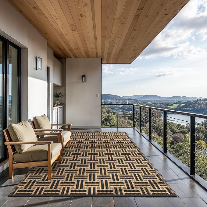 GENIMO Outdoor Rug, Waterproof Plastic Rugs for Patio, 6'x9' Mid Brown | Outside Larger Modern Carpet Mat for Porch Decor, Deck, Balcony, Camping, RV, Backyard, Picnic, Beach, Reversible, Foldable