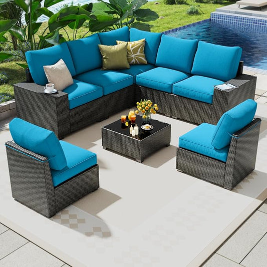 8 Piece Outdoor Patio Furniture Set, Outdoor Sectional Furniture, Rattan & Wicker Modern Modular Conversation Set Sofa Couch W/Water Resistant Washable Thick Cushions and Coffee Table, Peacockblue