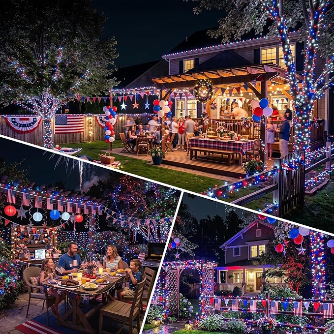 Upgrade 2Pack 500LED Solar String Lights Outdoor Waterproof, Solar Lights Outdoor String with 8 Modes, IP65 Waterproof Twinkle Christmas Light for Outside, Garden Tree Decoration, Red White Blue