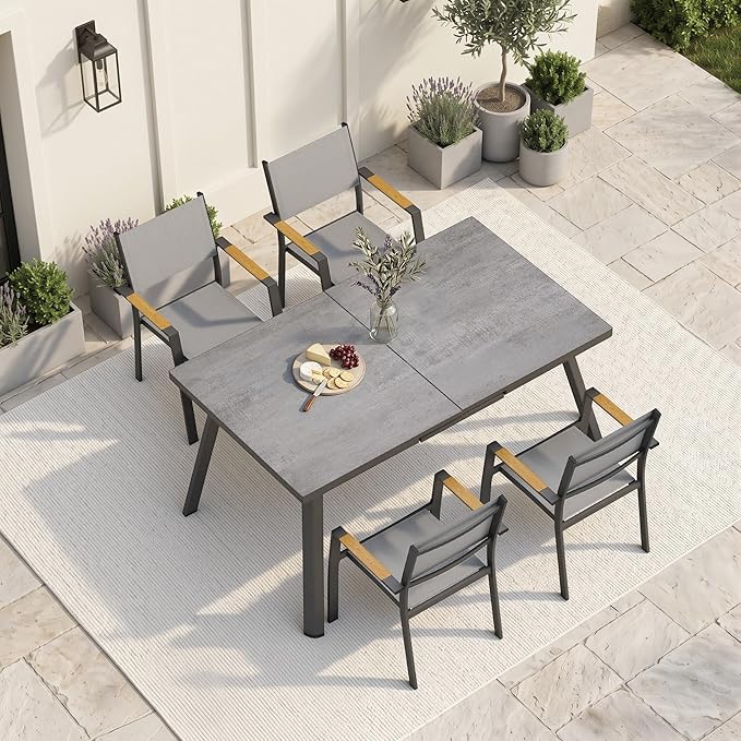RoyalCraft 5-Piece Outdoor Dining Set with Adjustable Length Dining Table, 75" L×36" W Expandable Patio Table and Chairs Set for 4, Aluminum Stackable Chairs with Quick Drying Fabric for Porch, Grey