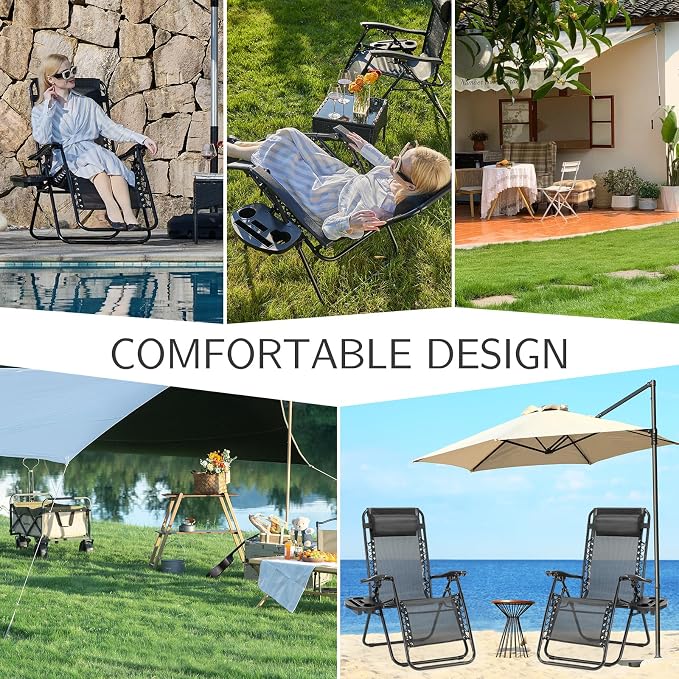 Sweetcrispy Zero Gravity Chairs Set of 2, Outdoor Folding Patio Lounge Chair with Cup Holder Tray, Portable Beach Camping Recliner for Poolside, Garden, Backyard, Lawn, Solid Black