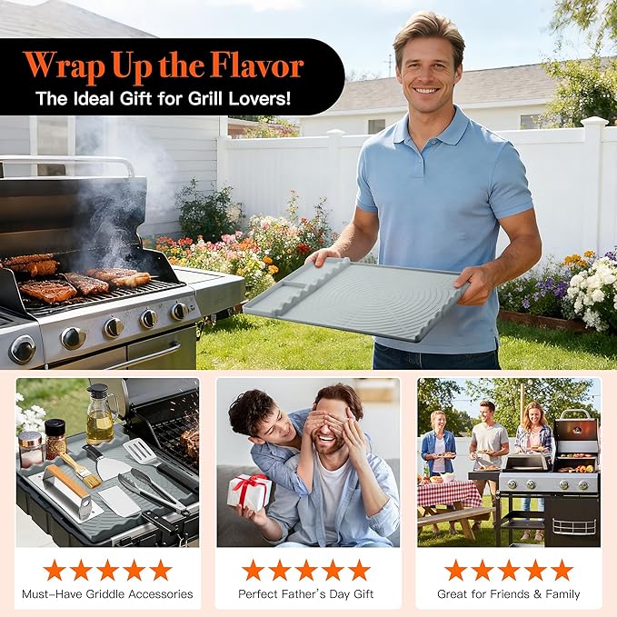 Silicone Grill Mat for Blackstone - BBQ Griddle Tools Side Mat with Drip Pad, Griddle Tools Mat for Outdoor Kitchen Countertop, BBQ Grill Accessories Gifts for Men (Gray-2Pack)