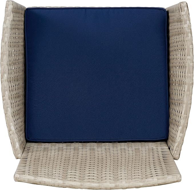 Outdoor Wicker Conversation 3 Piece Bistro Set Garden Patio Yard Porch Furniture Space Saving Pe Rattan 2 Chairs Cushions Side Storage Glass Table Stone Gray/Navy Blue 3pc