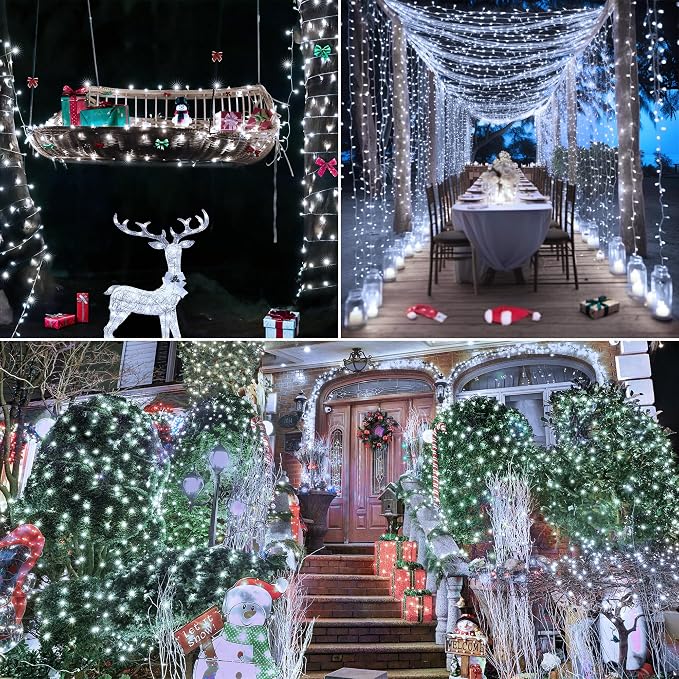196FT 600 LED Christmas Lights Outdoor Waterproof, Timer & Memory Function, 8 Modes Cool White String Lights Plug in Twinkle Lights for Xmas Tree Holiday Garden Indoor Party Decor