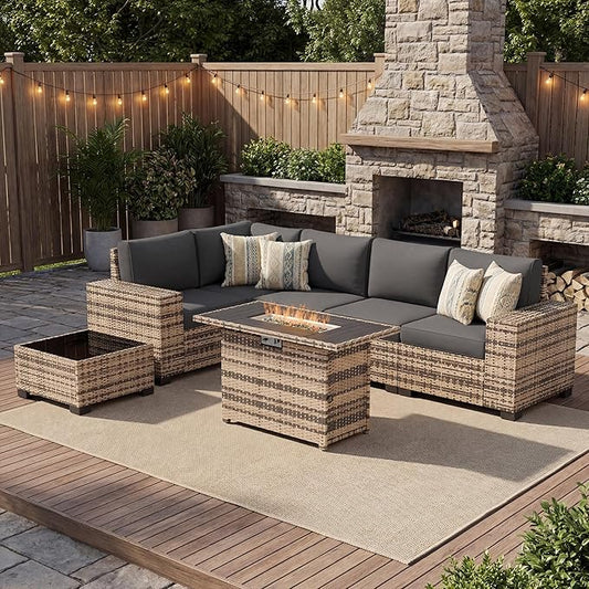 UDPATIO Patio Furniture Set with Fire Pit Table, 8 Inch Armrest Outdoor Sectional Sofas, 8 Piece All-Weather Wicker Conversation for Garden, Backyard