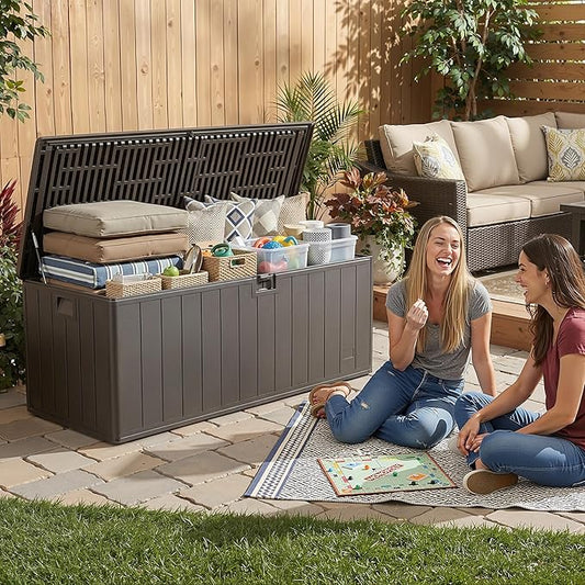 200 Gallon All-Weather Deck Box, Lockable Waterproof Resin Storage with UV Resistance for Patio Furniture, Garden Tools, Pool Accessories (Brown)