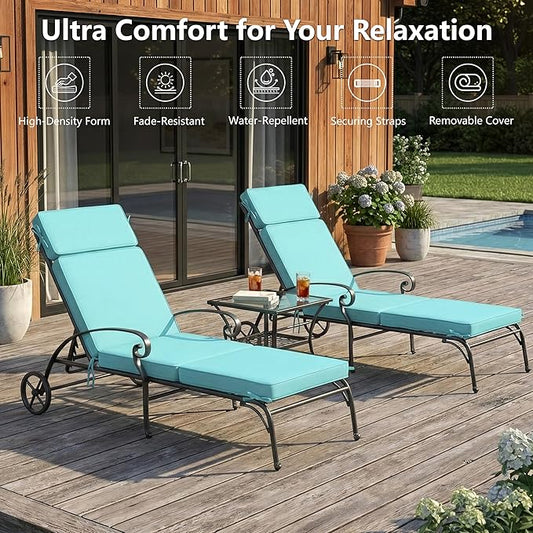 72 x 21 Inch Outdoor Chaise Lounge Cushions Set of 2 - Removable Cover, 4-Section Design, Water-Repellent & Fade-Resistant, 6 Tie Straps, Replacement for Patio & Pool Chairs - Light Blue