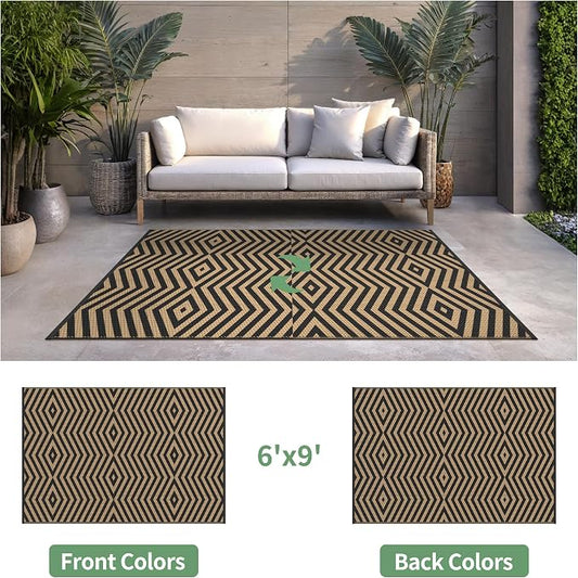 GENIMO Outdoor Rug, Waterproof Plastic Rugs for Patio, 6'x9' Shadow Brown | Outside Larger Modern Carpet Mat for Porch Decor, Deck, Balcony, Camping, RV, Backyard, Picnic, Beach, Reversible, Foldable