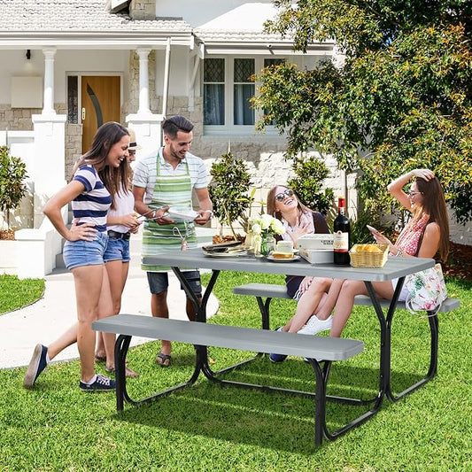 COSTWAY Outdoor Picnic Table, HDPE Plastic Picnic Table Bench Set | Weather Resistant Tabletop & Wood Texture, Ideal for Patio, Backyard (59" D x 54" W x 28.5" H,Grey)