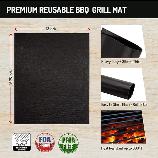 BBQ Grill Mat, Baking Mat - 100% Food-Safe - 2 Pack โ 15.75x13 Inches | Non-Stick | 0.39mm Thick Heavy Duty Grill Accessory For Heat up to 600 Degrees โ Reusable - Dishwasher Safe - PFOA Free