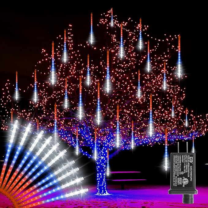 LAMPHOME 12in Red White Blue Patriotic Icicle Lights, 4th of July Outdoor Lights Meteor Shower Snow Falling Lights 10 Tubes 240 LED Waterproof Plug in, Fourth of July Outdoor Decor for Yard Tree House