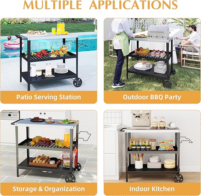 3-Tier Outdoor Grill Table Stainless Steel BBQ Prep Cart with Storage, Rolling Grill Stand for Pizza Oven, Outdoor Kitchen Prep Table with Wheels