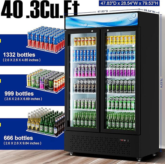 Beverage Cooler Commercial Refrigerator 40.3 Cu.Ft. Glass Door Display Refrigerator with LED Light, Shelves, Display 10 Commercial Beverage Refrigeratorfor Restaurant Cafe Bar Store (40.3 Cu.Ft.)