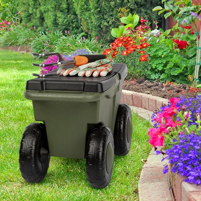 Pure Garden Rolling Garden Cart with Seat, Green | Plastic Garden Bench with Interior Tool Tray for Storage - Gardening Stool for Weeding and Planting