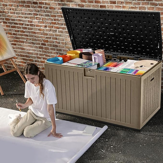 DWVO 260 Gallon Double-Wall Deck Box with Divider, XXL Extra Large Resin Outdoor Storage Box, Lockable & Waterproof, Double as Seating, 1000lbs Capacity (Black&Brown)