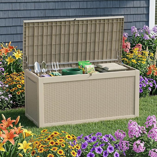 ROJIK 320 Gallon Deck Box Outdoor Waterproof,Weatherproof Outdoor Storage Boxes Lockable with Lid,Outside Resin Storage Bench for Patio Cushions,Garden Tools and Pool Accessories(Grey)
