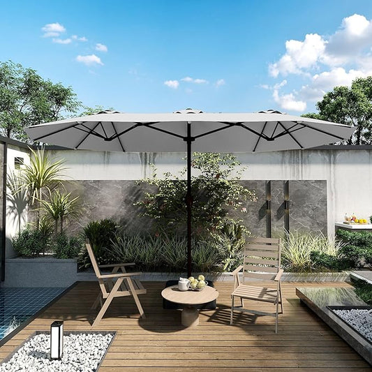 Kingdura 13ft Large Patio Umbrella with Base Included, Double-Sided Rectangle Outdoor Table Umbrella with 12 Reinforced Ribs, Crank Lift for Market Pool Deck Backyard, Light grey