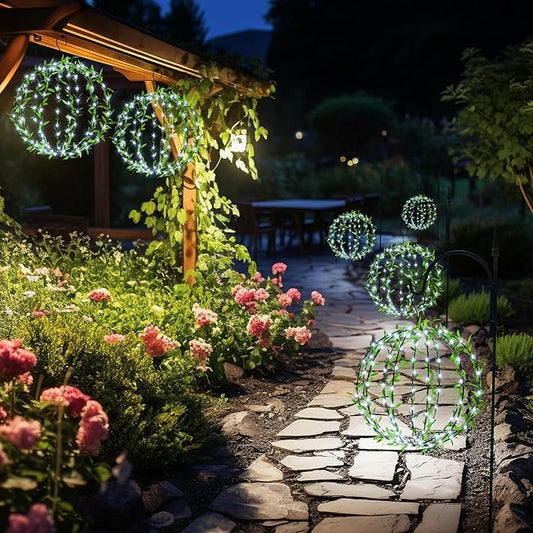 Joomer Solar Hanging Ball Lights Outdoor, 2-Pack 13in & 11in Total 264 LED Solar Globe Lights, 8 Modes Waterproof Metal Sphere Lights with Hooks for Patio Garden Decor - White
